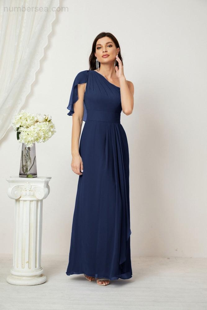 Baoleely  Chiffon Ruffled One Shoulder Long Bridesmaid Dresses A-line Formal Evening Gown Side Split 2809