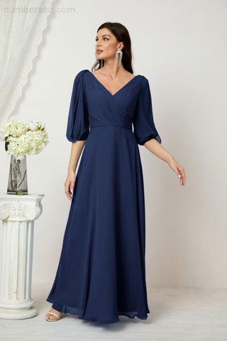 Baoleely  Formal Prom Gown Women V-Neck Chiffon Bridesmaid Dresses Long Bishop Sleeve Party Dress 2807