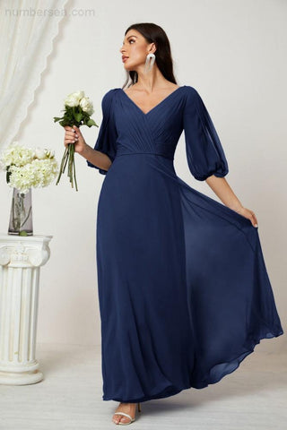 Baoleely  Formal Prom Gown Women V-Neck Chiffon Bridesmaid Dresses Long Bishop Sleeve Party Dress 2807