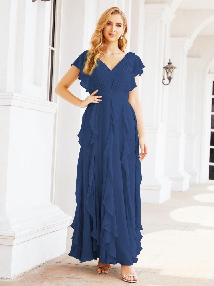 Ruffled Bridesmaid Dresses with Sleeves Long Formal Party Dress 28041