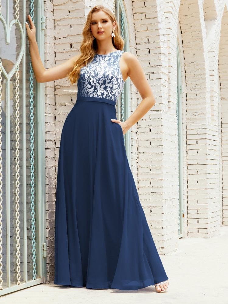 Vestido de dama de honor de encaje, largo hasta el suelo, con bolsillos, 28017 