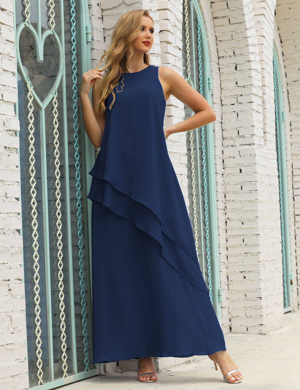Navy Blue Size 22 Crew Neck Mother of Bride Dresses Double Ruffled PromDress SEA28019