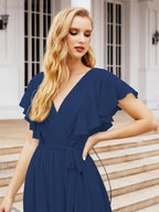 Baoleely Women's Open Back Formal Evening Party Prom Gowns V-Neck Long Chiffon Bridesmaid Dresses with Waist Belt 28038