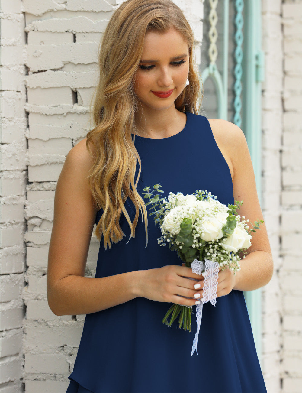 Navy Blue Size 22 Crew Neck Mother of Bride Dresses Double Ruffled PromDress SEA28019