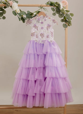 Vestido de princesa de tul lila con apliques florales y pedrería para niñas 