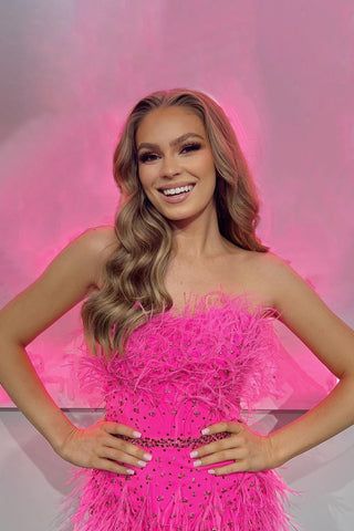 Sheath Strapless Red Short Homecoming Dress with Feather