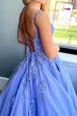 Beautiful A Line Spaghetti Straps Blue Long Prom Dress with Appliques