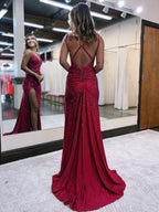 Kaylani | Robe de bal longue sirène en jersey pailleté à col V et fente