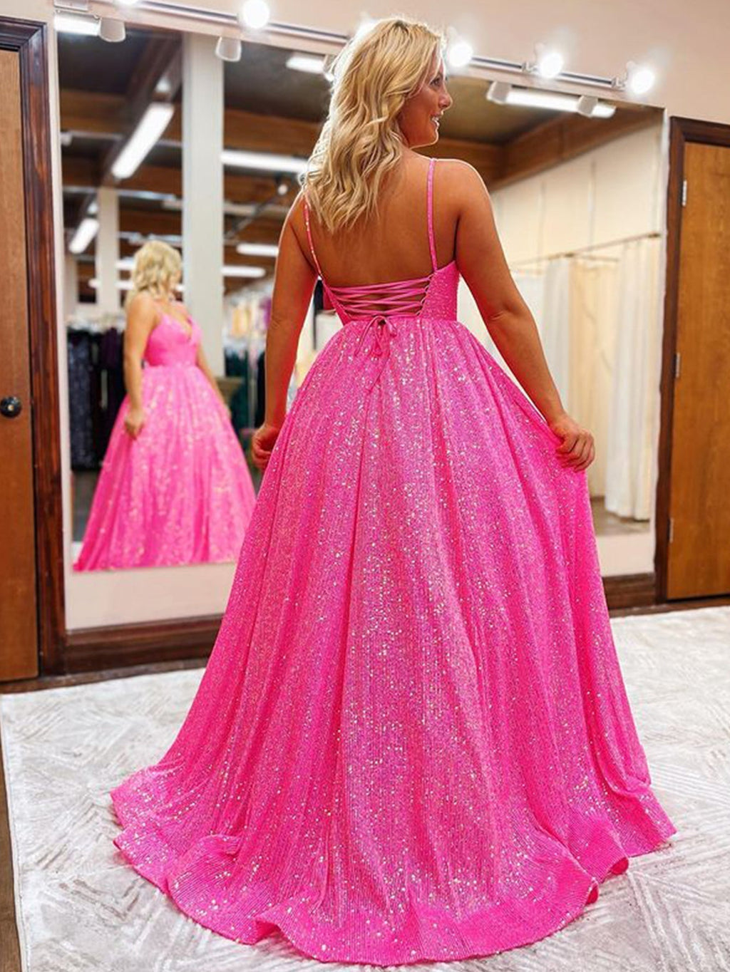 Vestido largo de fiesta con lentejuelas, escote en V y corte en A