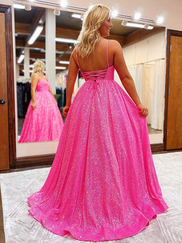 A-line V Neck Sequins Long Prom Dress