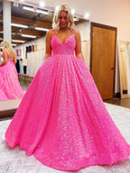 Vestido largo de fiesta con lentejuelas, escote en V y corte en A