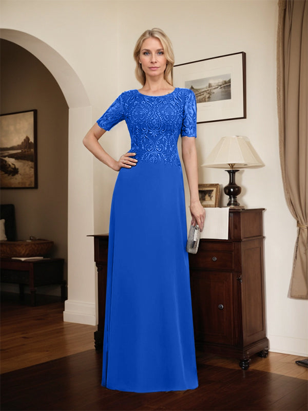 Vestido de novia de corte línea A, escote redondo, largo hasta el suelo, de encaje y gasa con lentejuelas.