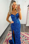 Vestidos largos de fiesta de sirena con lentejuelas azules y escote corazón, con abertura.