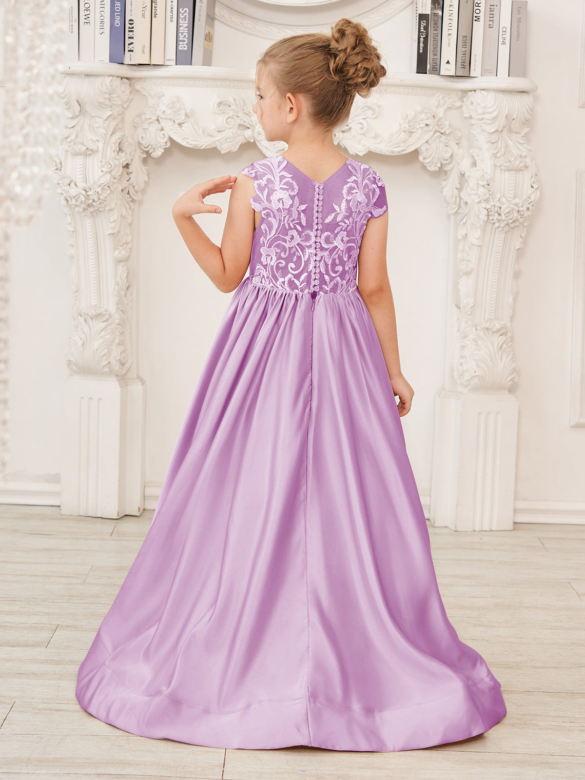 Vestido de niña de las flores de corte A, de satén y encaje, hasta el suelo 