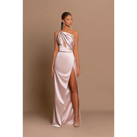 Unique One Shoulder Pleats High Split Long Prom Dress