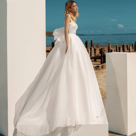 Vestidos de novia bohemios de corte A para mujer, con escote corazón, tirantes finos, espalda descubierta, lazo brillante con cuentas en la espalda, Robe De Mariee
