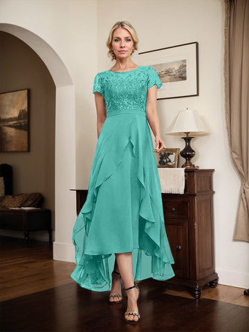 A-line Scoop Illusion Asymmetrical Chiffon Lace Mother of the Bride Dress With Bow Ruffle Sequins