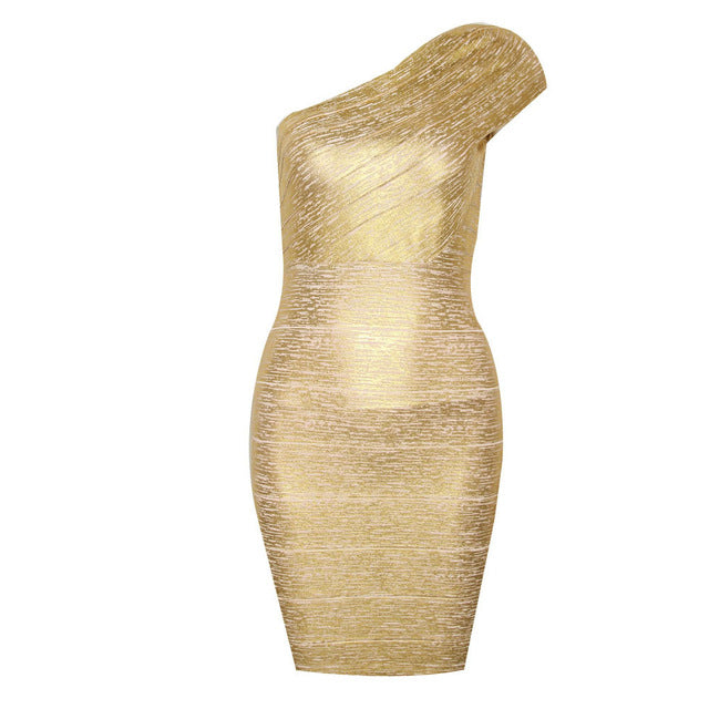 Robe moulante dorée sexy à une épaule, style bandage, idéale pour les soirées en boîte ou les bals de promo.