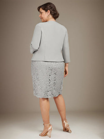 Robe fourreau/colonne en mousseline de soie et dentelle, longueur genou, ornée de perles, pour la mère de la mariée 