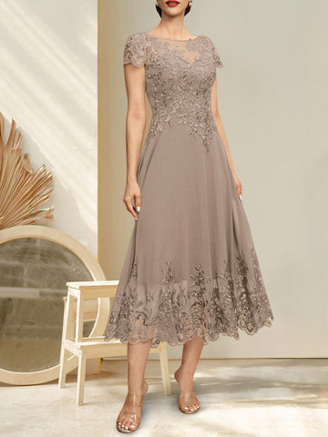 A-line Illusion Scoop Tea-Length Lace Chiffon Mother of the Bride Dress With Sequins
