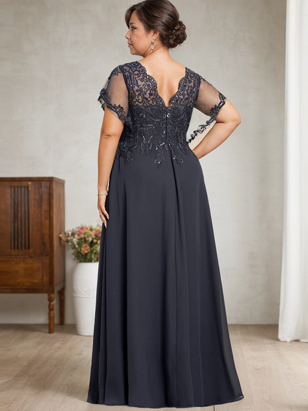 Vestido de novia de corte A, escote en V, largo hasta el suelo, de gasa de encaje con lentejuelas para la madre de la novia 