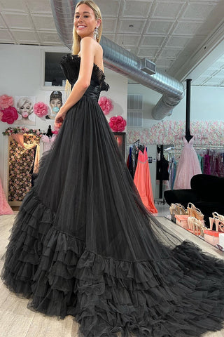Vestido de fiesta largo de tul rosa sin tirantes, corte en A, con volantes