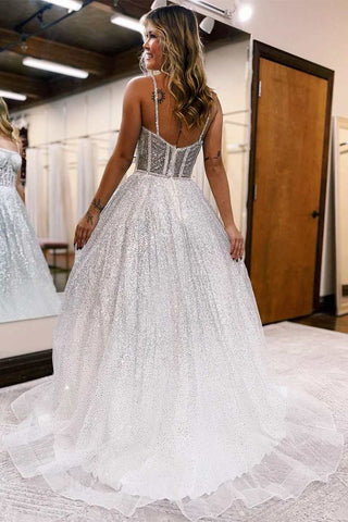 Vestido de fiesta corte A con tirantes princesa, lentejuelas plateadas degradadas y vestido de princesa