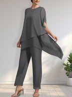 Vestido de gasa de dos piezas para la madre de la novia: mono/traje pantalón con escote redondo y largo hasta el tobillo.