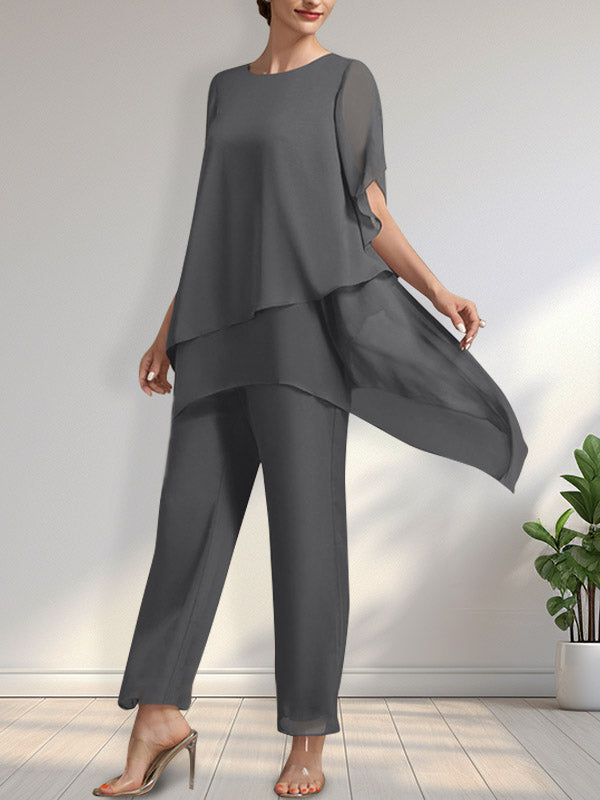 Vestido de gasa de dos piezas para la madre de la novia: mono/traje pantalón con escote redondo y largo hasta el tobillo.