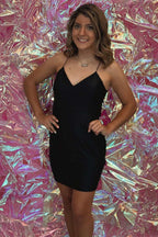 Short V-Neck Black Homecoming Dress with Spaghetti Straps