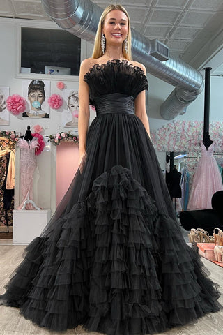 Vestido de fiesta largo de tul rosa sin tirantes, corte en A, con volantes