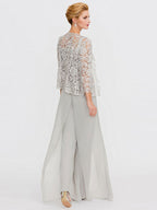 Traje pantalón de chifón de tres piezas con escote cuadrado y chaqueta para la madre de la novia 