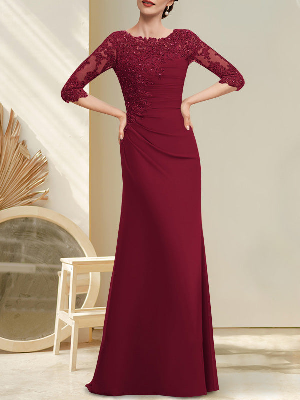 Vestido de corte A, escote redondo, largo hasta el suelo, de gasa, encaje, con cuentas, lentejuelas plisadas, para la madre de la novia.