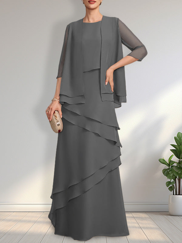 Vestido de gasa de corte recto y escote redondo hasta el suelo para la madre de la novia