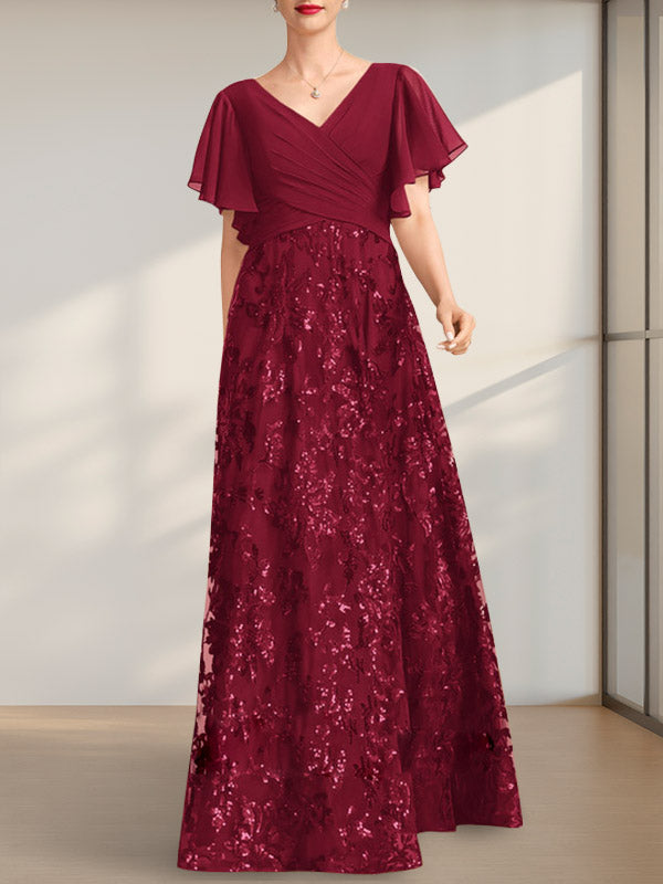 Vestido de novia de corte A, escote en V, largo hasta el suelo, de encaje, lentejuelas y gasa, con pliegues.