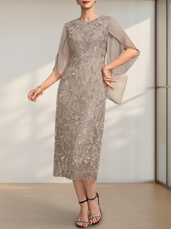 Vestido de novia de gasa de encaje, corte recto/columna, largo hasta la rodilla, con escote redondo.