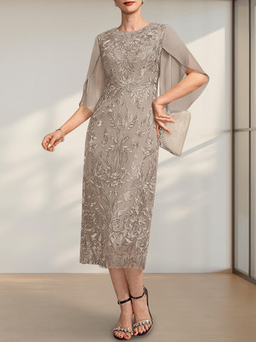 Sheath/Column Scoop Tea-Length Lace Chiffon Mother of the Bride Dress