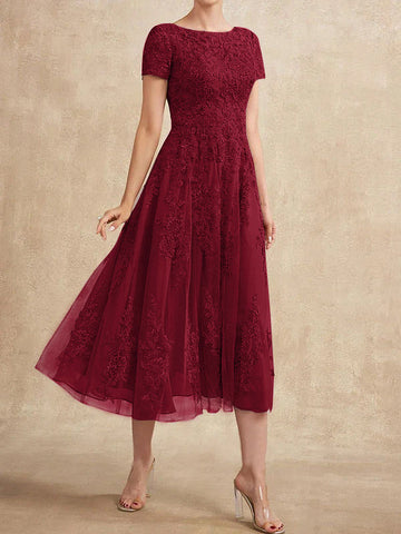 A-line Scoop Tea-Length Tulle Lace Mother of the Bride Dress