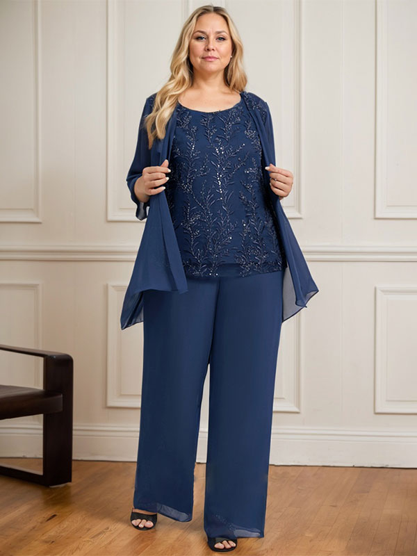 Vestido de novia de gasa con encaje y lentejuelas, estilo mono/pantalón, largo hasta el suelo, con escote redondo.