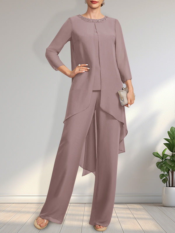 Vestido de dos piezas para la madre de la novia: mono/pantalón de gasa con escote redondo y largo hasta el suelo, adornado con lentejuelas y pedrería.