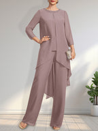 Vestido de dos piezas para la madre de la novia: mono/pantalón de gasa con escote redondo y largo hasta el suelo, adornado con lentejuelas y pedrería.