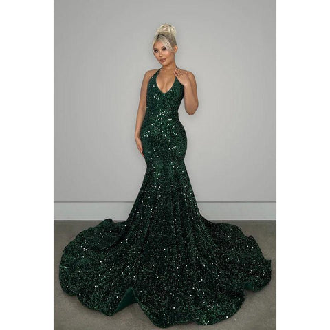Robe de soirée longue sirène à paillettes, col en V, dos nu, avec traîne