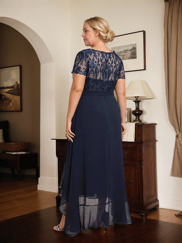 A-line Scoop Illusion Asymmetrical Chiffon Lace Mother of the Bride Dress With Bow Ruffle Sequins