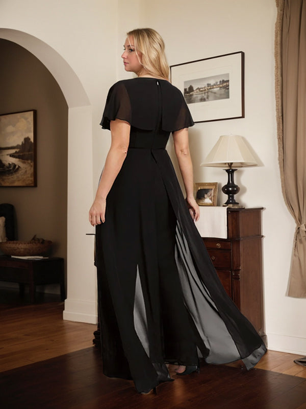 Combinaison-pantalon robe de soirée longue en mousseline à col en V