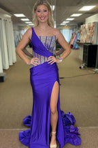 Blue Mermaid One Shoulder Long Prom Dresses with Beaded