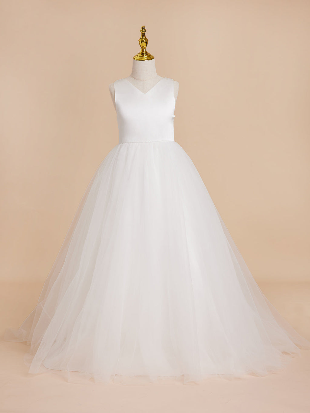 Vestido clásico blanco de corte A sin mangas para niña de las flores, de satén y tul 