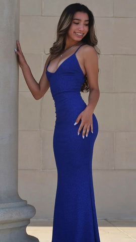 Robe de soirée longue bleu roi à fines bretelles, robe de bal sexy bleu roi Y716