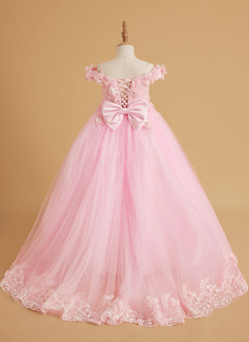 Vestido de gala/princesa rosa con cola de encaje para cumpleaños 