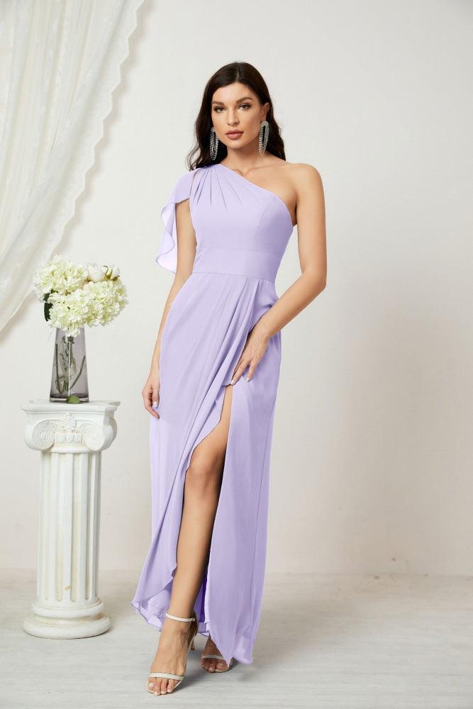 Baoleely  Chiffon Ruffled One Shoulder Long Bridesmaid Dresses A-line Formal Evening Gown Side Split 2809