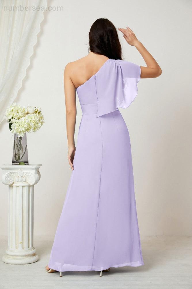 Baoleely  Chiffon Ruffled One Shoulder Long Bridesmaid Dresses A-line Formal Evening Gown Side Split 2809
